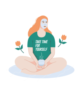 Embrace Self-Care in Somatic Therapy - Somatic Therapy Ireland Woman in a green t-shirt with 'Take Time for Yourself' message, emphasizing self-care in somatic therapy.