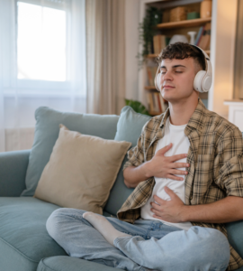 Man sitting on a sofa, deeply relaxed, tuning into his body sensations