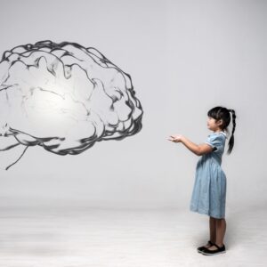 Girl looking at an animated mind representing somatic healing and therapy