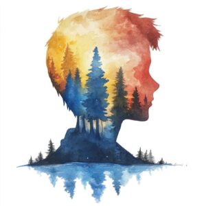 An animated image of a man’s head reflecting trees, symbolising the connection between nature, mindfulness, and somatic healing.