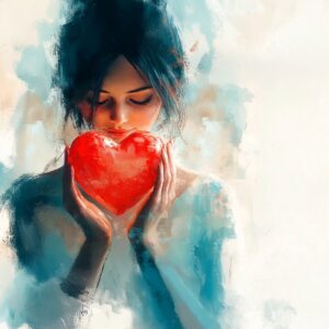 A serene woman gently holding a vibrant red heart close to her chest, symbolizing emotional healing and self-love through somatic therapy.