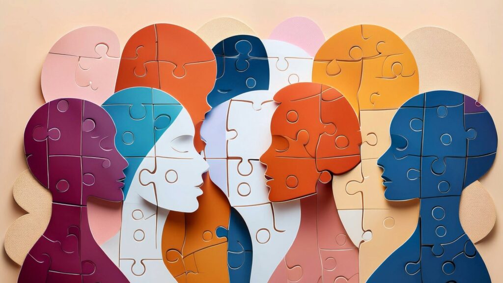 Illustration of diverse human profiles as interconnected puzzle pieces symbolizing inner parts and integration
