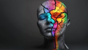 Abstract cracked face blending grey and vibrant colors, symbolizing healing, trauma release, and transformation through somatic therapy for chronic pain.
