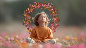Child sitting peacefully in a field surrounded by butterflies, symbolizing transformation and emotional healing through inner child work.
