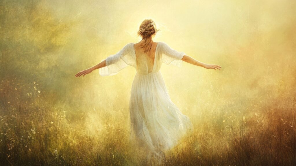 Woman with arms outstretched in golden field experiencing freedom and nervous system regulation - Somatic Therapy Ireland by Abi Beri