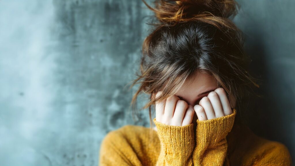 Woman in mustard sweater hiding face, representing emotional vulnerability and the healing journey in somatic therapy