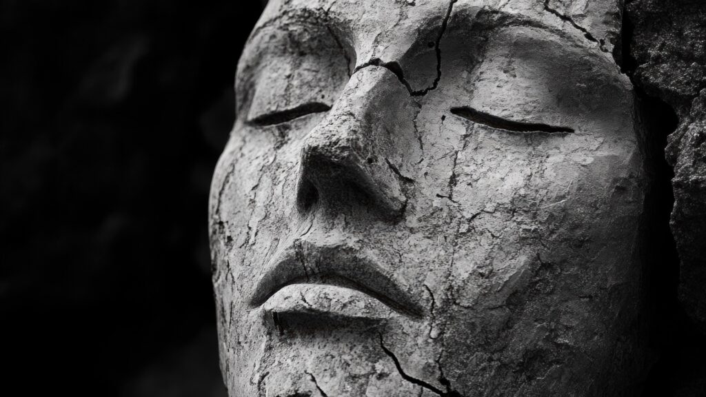 Black and white close-up of a cracked stone face with closed eyes, symbolising chronic pain and the physical toll of autoimmune conditions stored in the body — somatic therapy blog by Abi Beri, holistic therapist in Ireland