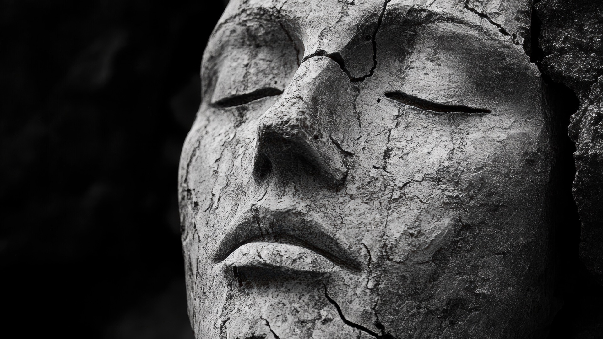 Somatic Therapy for Chronic Pain and Autoimmune Conditions | Abi Beri Ireland - Somatic Therapy Ireland - Somatic Therapy Ireland Black and white close-up of a cracked stone face with closed eyes, symbolising chronic pain and the physical toll of autoimmune conditions stored in the body — somatic therapy blog by Abi Beri, holistic therapist in Ireland