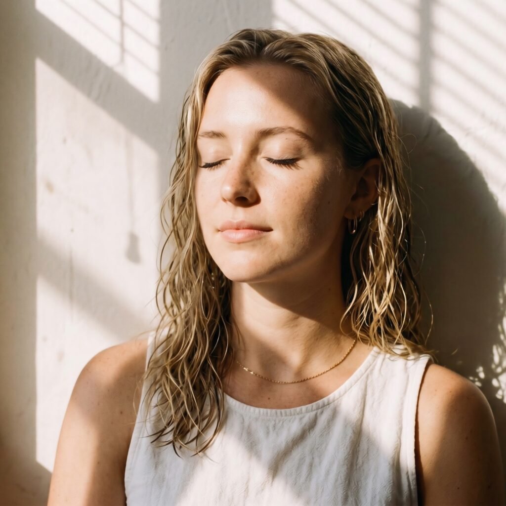 Woman with eyes closed practicing a mindful inner child healing meditation, symbolising emotional safety, self-compassion, and nervous system regulation through somatic therapy.