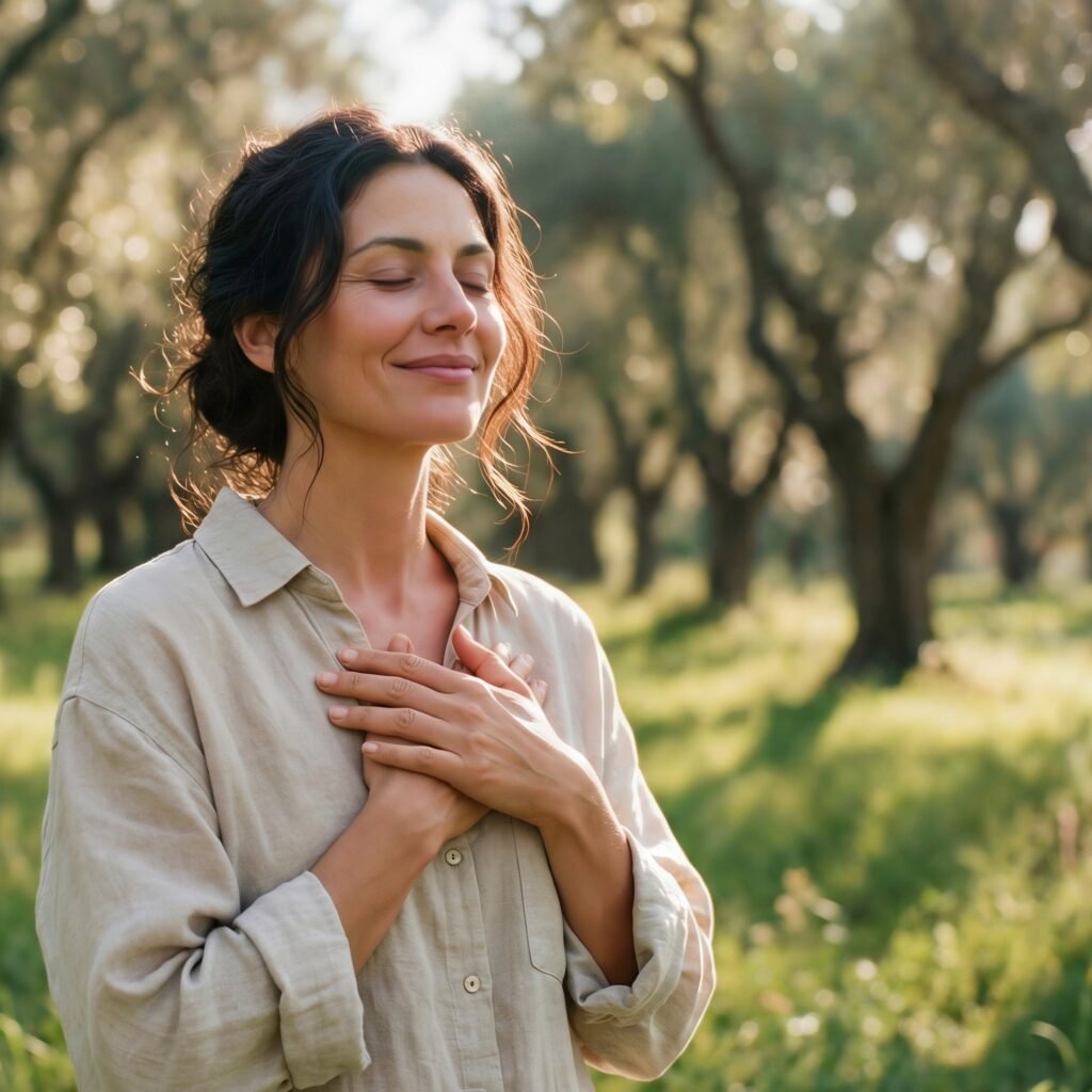 Person with hands resting over their heart in a peaceful natural setting, practicing a somatic therapy meditation to cultivate inner safety, nervous system regulation, and emotional grounding.