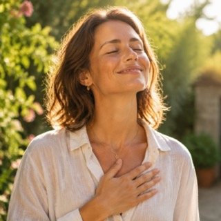 Woman resting one hand on her chest outdoors during a calming somatic meditation practice