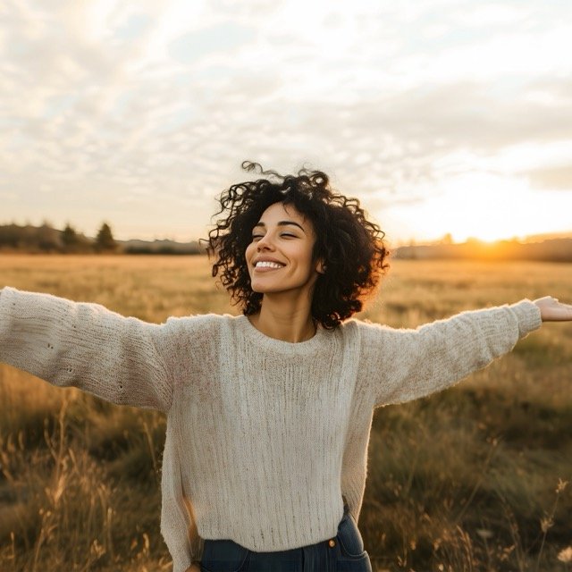Person outdoors in nature with arms outstretched.